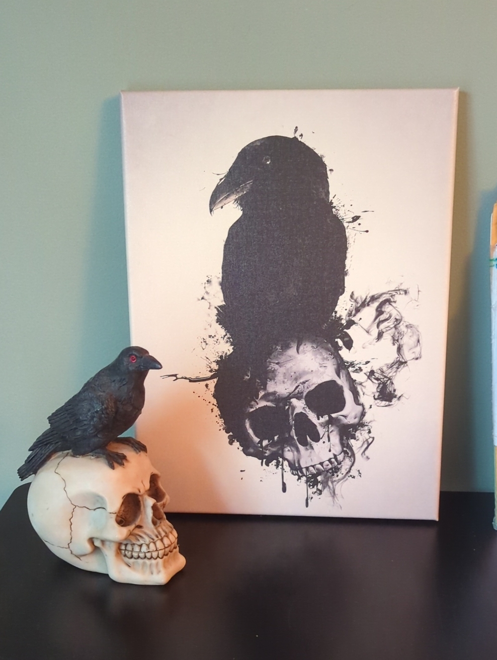 Raven and Skull Canvas Art - Black on Cream